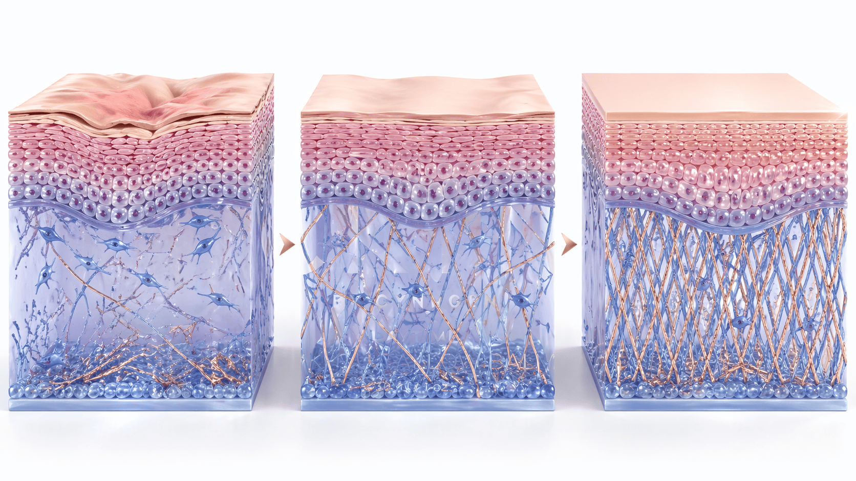 Cellular skin transformation showing collagen matrix rebuilding in three stages with GHK-Cu peptide